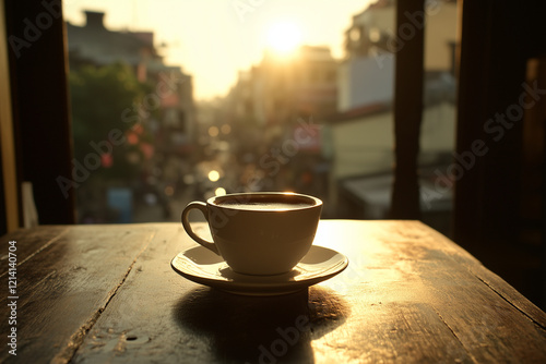  A cup of coffee or tea on a bustling cityscape outdoors.