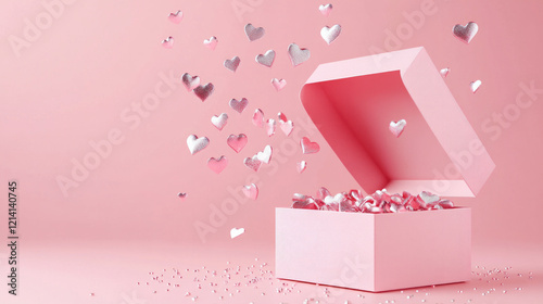 Romantic and shiny metallic hearts in pink and silver spill  open pink box ideal for celebrations gifts or festive love projects. AI generative photo