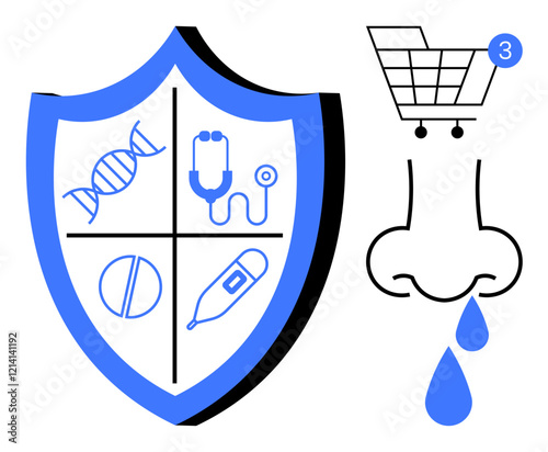 Shield with DNA, stethoscope, pill, and thermometer. Runny nose with three shopping cart notifications. Ideal for healthcare, pharmacy, medicine e-commerce illness symptoms online shopping. Line