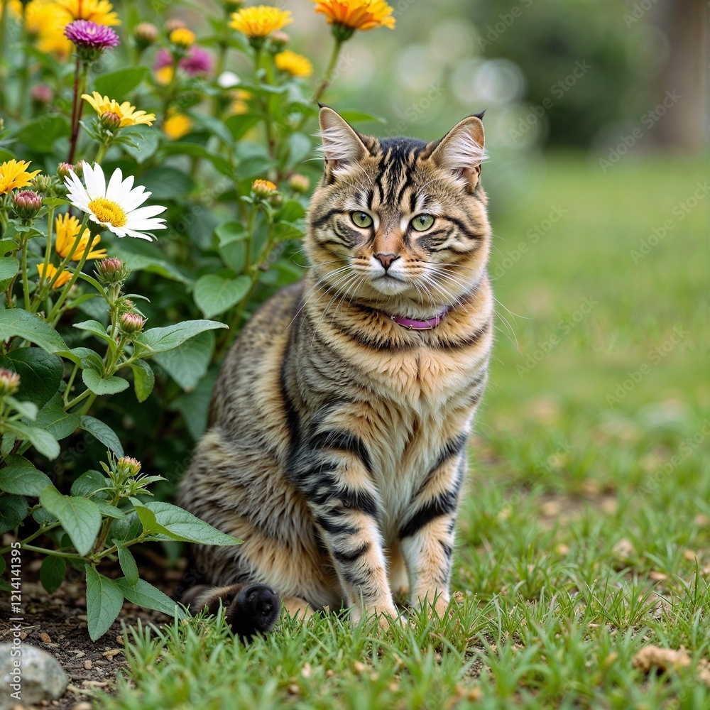 Fototapeta premium Tabby Cat Relaxing Peacefully with Curious Expression Against Vibrant Flower Garden with Copy Space