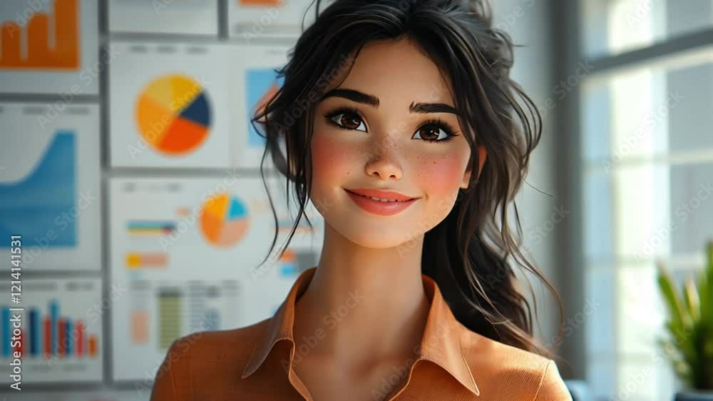 Professional animated character with analytical charts in business presentation background