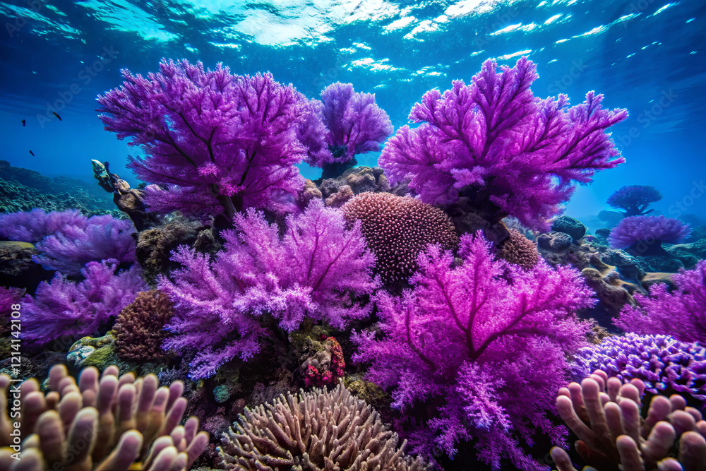 Vibrant purple coral colonies sway gently in current, creating stunning underwater landscape filled with life and color. This mesmerizing scene showcases beauty of marine ecosystems Vibrant purple coral colonies sway gently in current, creating stunning underwater landscape filled with life and color. This mesmerizing scene showcases beauty of marine ecosystems