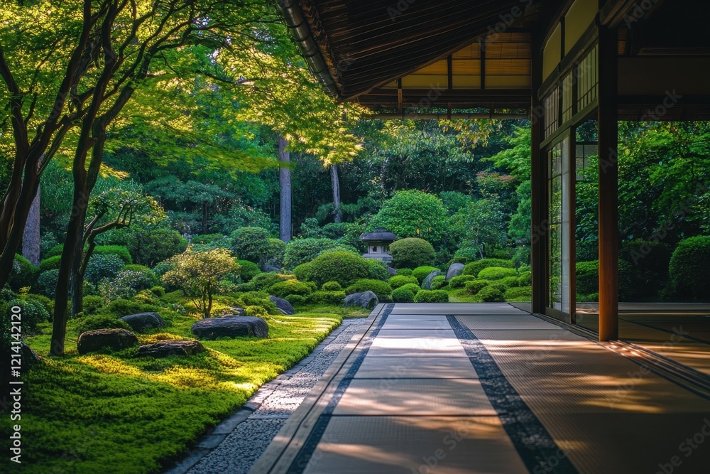 Tranquil Japanese garden with lush greenery and traditional architecture at dusk Tranquil Japanese garden with lush greenery and traditional architecture at dusk