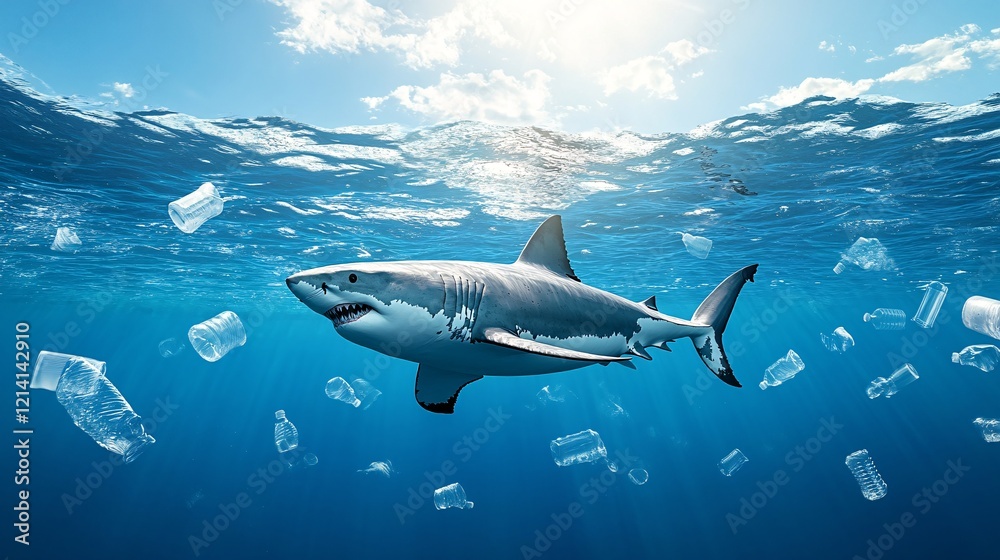 Shark Swimming Among Floating Plastic Waste Shark Swimming Among Floating Plastic Waste
