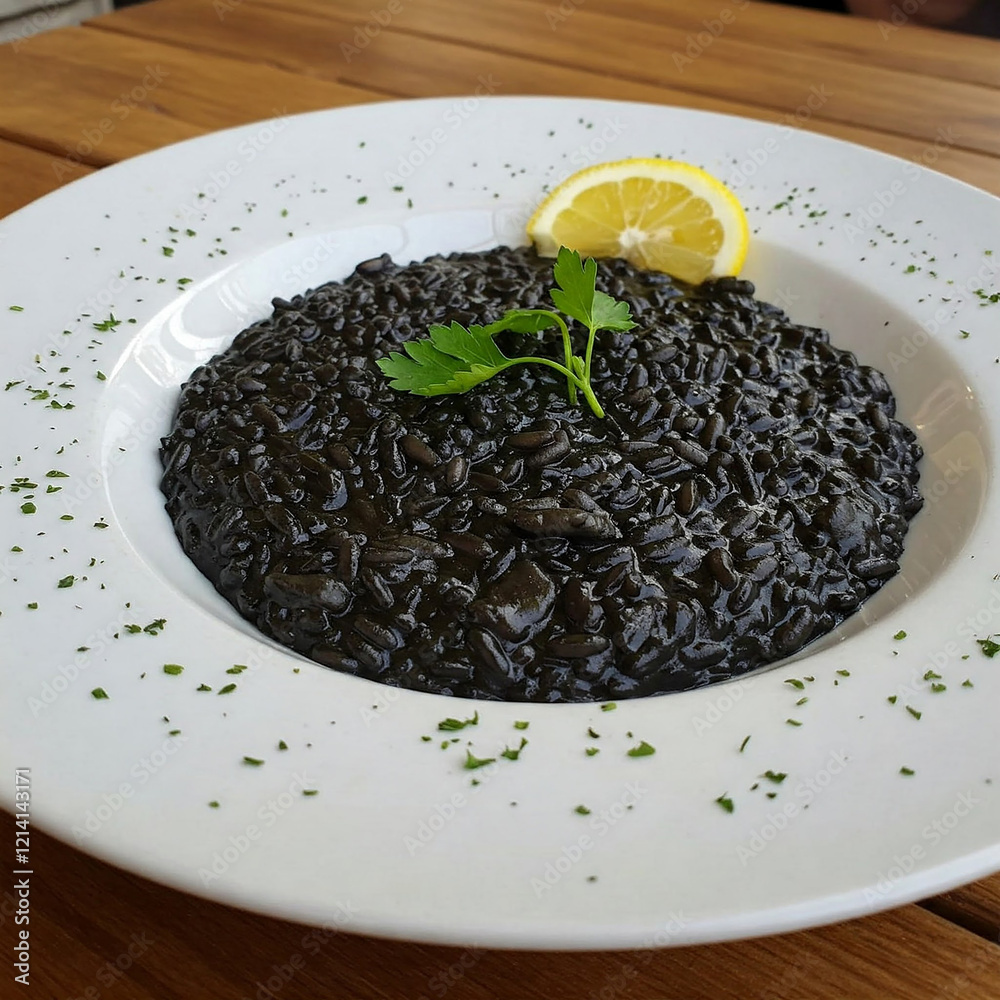 A high-quality photograph capturing the essence of black risotto, a Croatian culinary masterpiece A high-quality photograph capturing the essence of black risotto, a Croatian culinary masterpiece