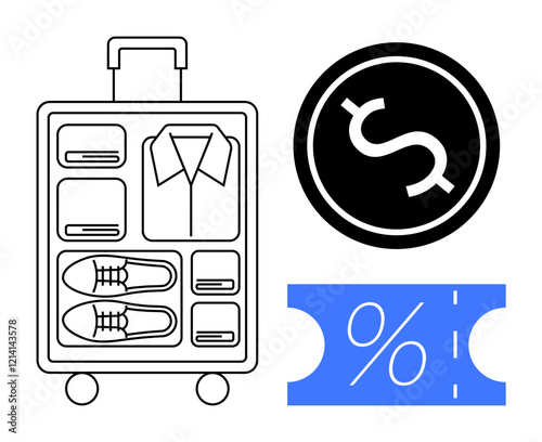 Packed suitcase with neatly organized clothes and shoes, a money coin symbol, and a discount ticket. Ideal for travel planning, budgeting, packing tips, savings, economy, tourism and financial