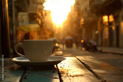 A cup of coffee or tea on a bustling cityscape outdoors.