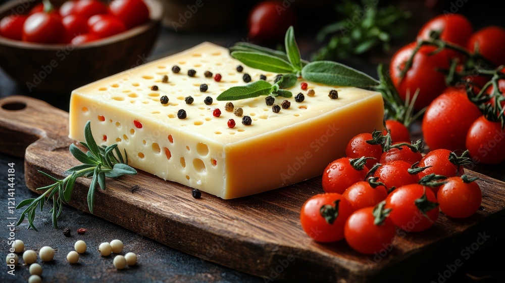 Cheese and tomatoes with herbs on a rustic board Cheese and tomatoes with herbs on a rustic board