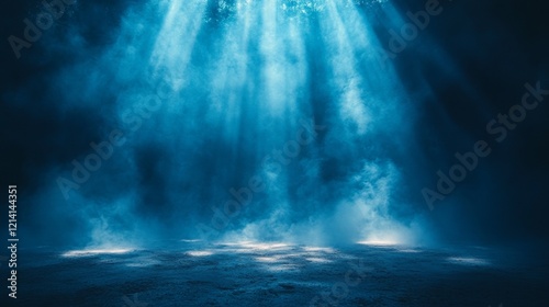 Mystical blue underwater scene with sunlight streaming through