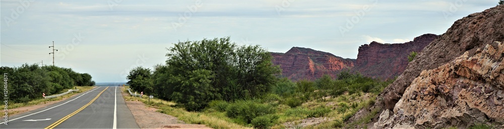 Obraz premium Panorama of lonely road surrounded by mountains and red earth in South America, Argentina