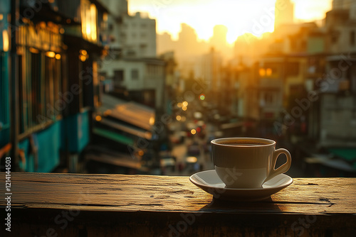  A cup of coffee or tea on a bustling cityscape outdoors.