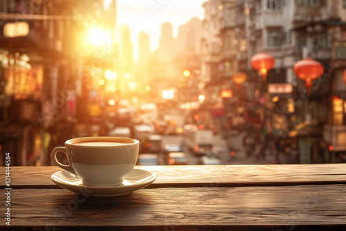 A cup of coffee or tea on a bustling cityscape outdoors.