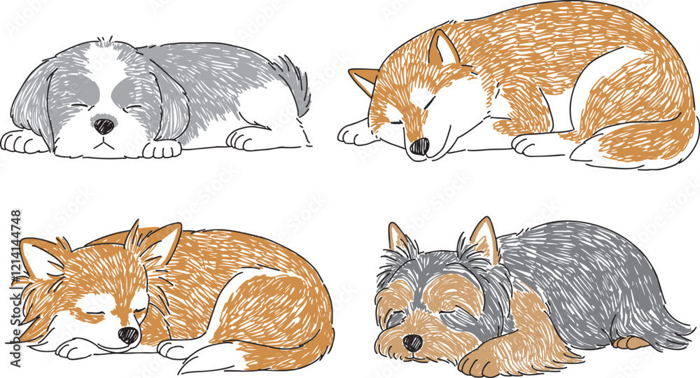 Φωτογραφία 眠っている人気の小型犬たちの手書きイラスト
