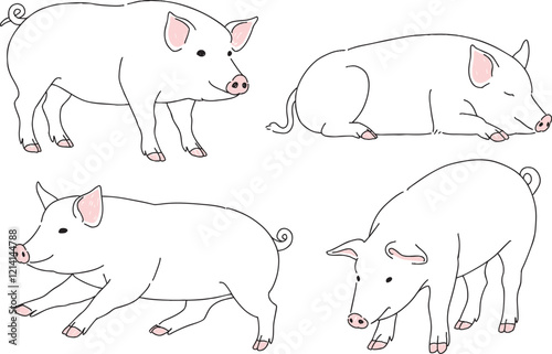 様々なポーズの豚の手書きイラスト