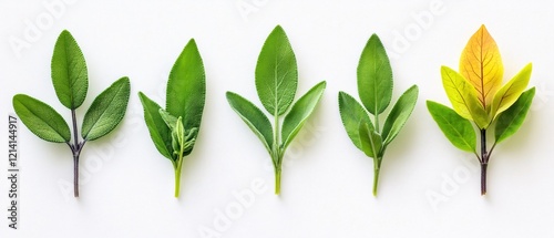 Five sage leaves in a row with one turning yellow on a white background flat lay studio shot