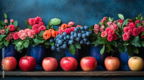 Fresh apples and colorful flowers in a rustic farm setting