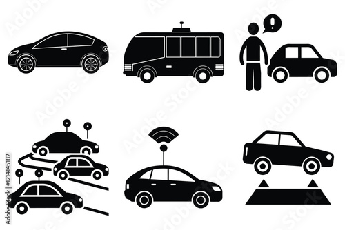 Autonomous electric vehicle silhouettes flat vector design set