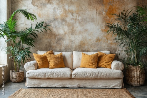 Modern country boho living room design cozy home interior urban environment inspiring viewpoint high fidelity aesthetic