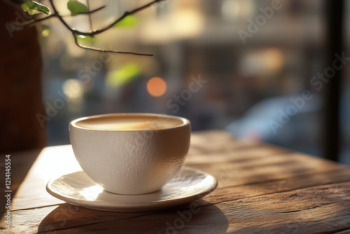  A cup of coffee or tea on a bustling cityscape outdoors.