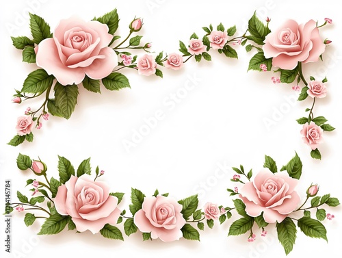 Pink rose frame with green leaves and buds on white background for design or invitation