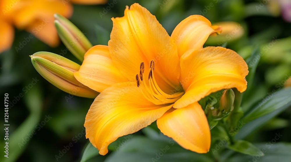 Vibrant Yellow Daylily Blossom in Full Bloom Amidst Greenery : Generative AI Vibrant Yellow Daylily Blossom in Full Bloom Amidst Greenery : Generative AI