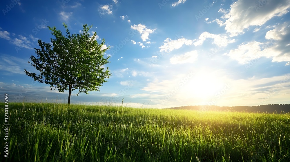 Fototapeta premium Serene Green Meadow with Lone Tree Under a Bright Blue Sky and Sunlight : Generative AI