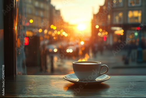  A cup of coffee or tea on a bustling cityscape outdoors.