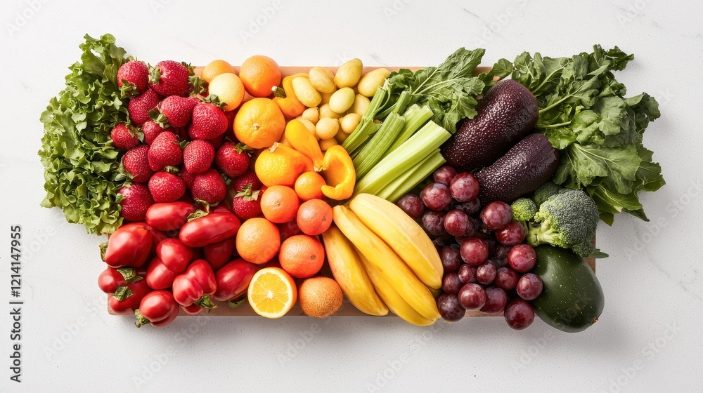 A vibrant assortment of fresh fruits and vegetables arranged neatly, showcasing a colorful array of produce on a light background. A vibrant assortment of fresh fruits and vegetables arranged neatly, showcasing a colorful array of produce on a light background.