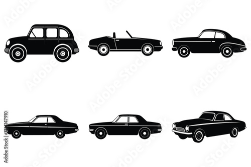 Vintage car silhouettes bundle flat vector set isolated on white