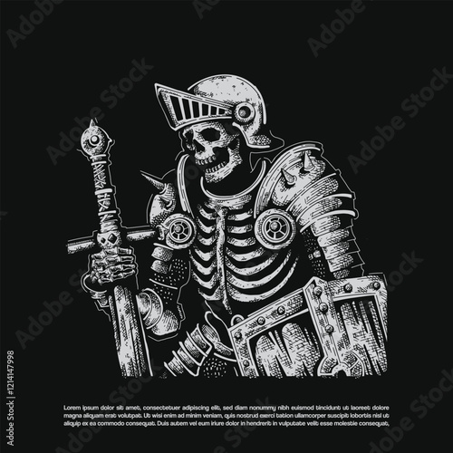 Dark art skeleton medieval army full set armor with sword and shield illustration