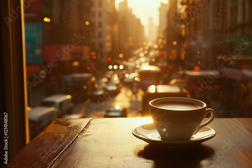  A cup of coffee or tea on a bustling cityscape outdoors.