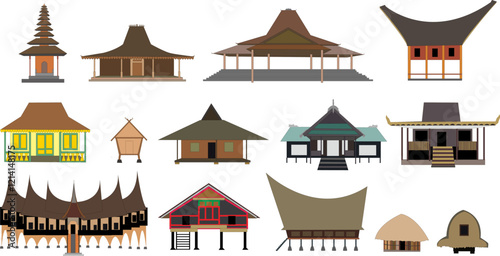 Vector illustration of traditional Indonesian houses, various traditional houses from Sabang to Merauke, various types of unique traditional Indonesian houses