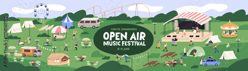 Music festival at nature event banner design. Promotion template of open air concert in amusement park. Summer camp with stage, food trucks, crowd of dancing people outdoors. Flat vector illustration