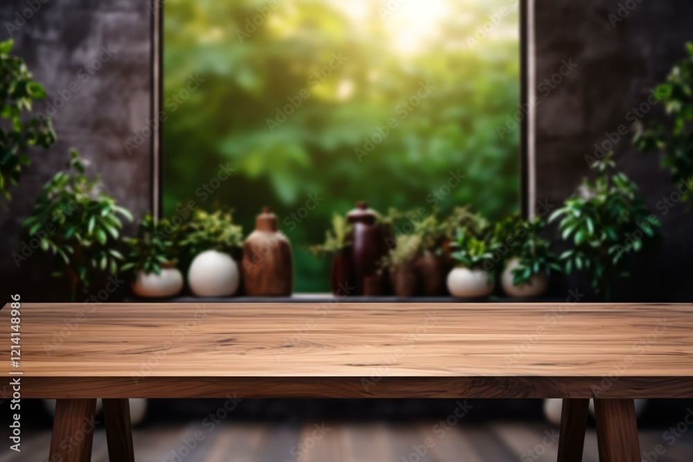 Εκτύπωση καμβά Wooden table with blurred green garden background providing relaxing and natural