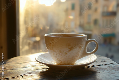  A cup of coffee or tea on a bustling cityscape outdoors.
