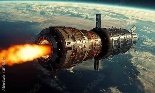 Futuristic spacecraft with fiery propulsion system orbiting Earth.