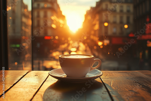  A cup of coffee or tea on a bustling cityscape outdoors.