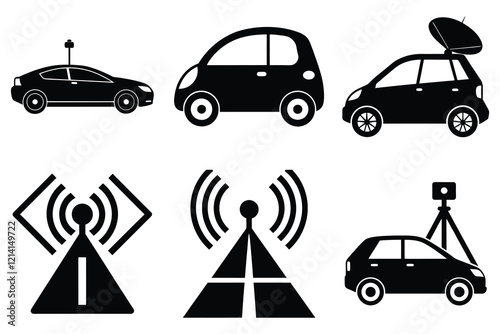 Electric autonomous vehicle silhouette bundle vector designs on white