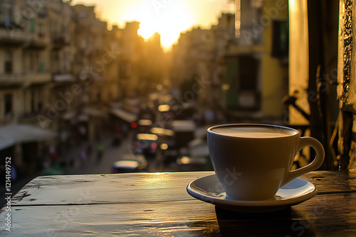  A cup of coffee or tea on a bustling cityscape outdoors.