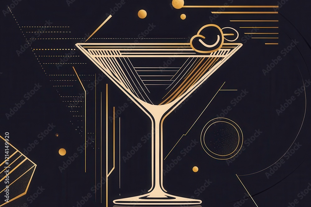 art deco cocktail illustration, gold and black line art martini glass with olive garnish, elegant geometric patterns, sophisticated design