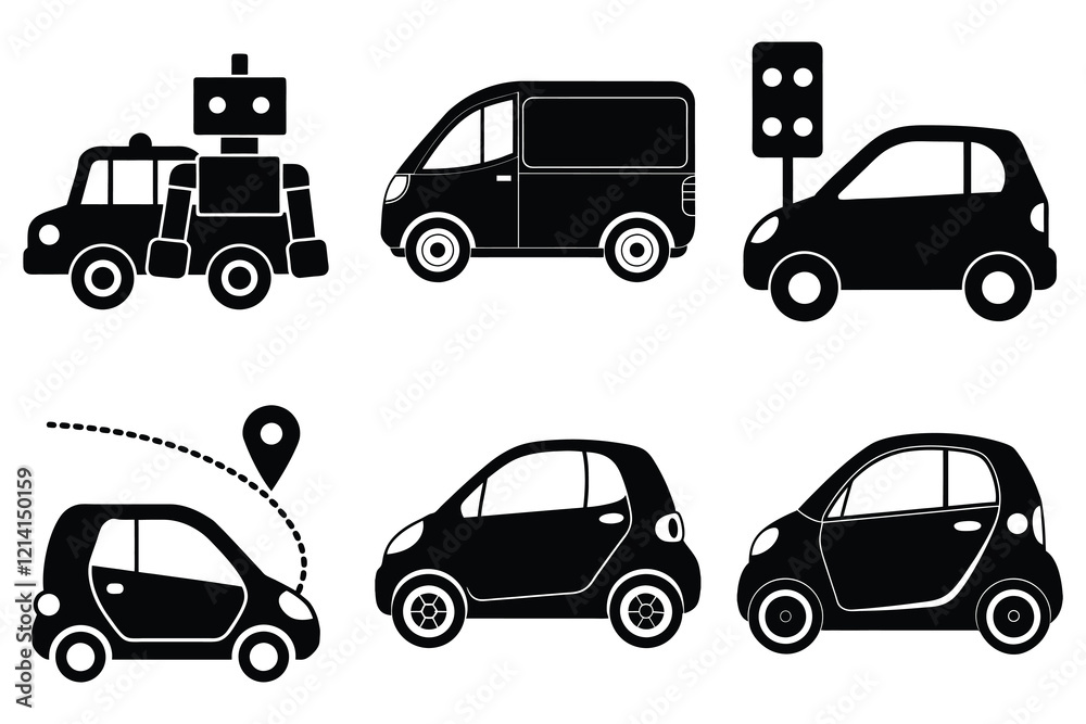 Fototapeta premium Flat vector bundle of electric autonomous vehicle silhouettes