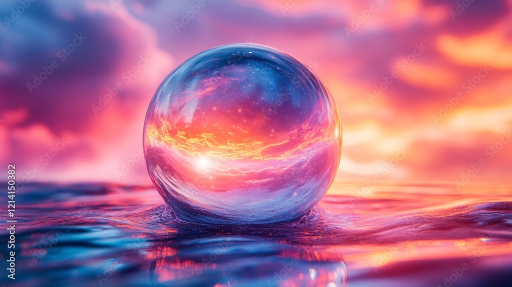 Crystal ball reflecting vibrant sunset clouds