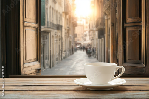  A cup of coffee or tea on a bustling cityscape outdoors.