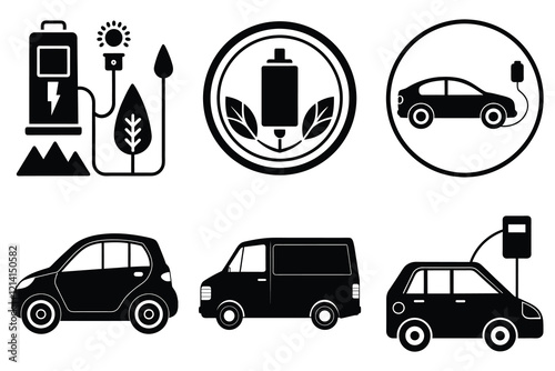 Electric vehicles sustainability silhouette vector set of bundles