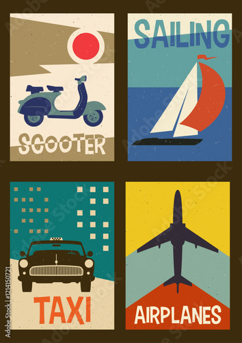 1960s Advertising Posters Style Illustration Set. Retro Scooter, Sailboat, Taxi Car, Airplane. Abstract Backgrounds, 1960s Colors and Shapes