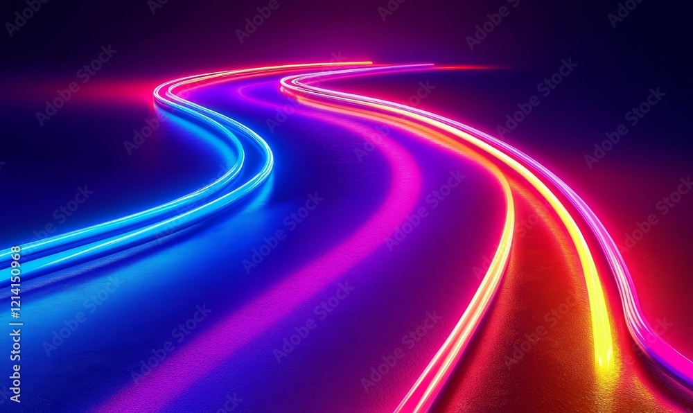 Glowing lines curve across a dark, reflective surface.
