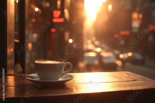 A cup of coffee or tea on a bustling cityscape outdoors.