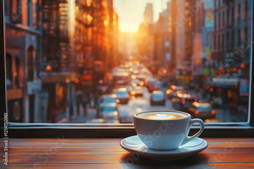  A cup of coffee or tea on a bustling cityscape outdoors.