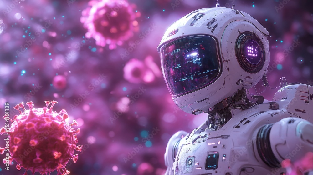 Fototapeta premium A white robot is fighting against the virus in space, with a purple background