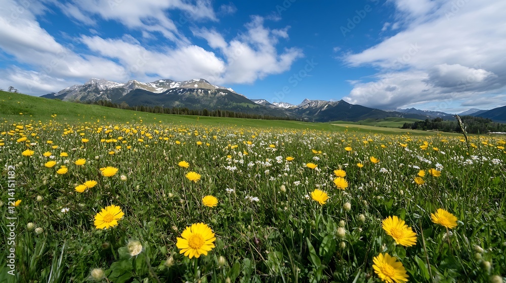 Scenic View of Blooming Dandelions in Meadow with SnowCapped Mountain Background : Generative AI Scenic View of Blooming Dandelions in Meadow with SnowCapped Mountain Background : Generative AI